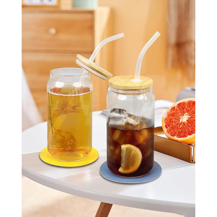 Set of 4 Glass Beer Can Shaped Cups with Bamboo Lids & Glass Straws – 16 ozs