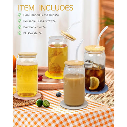 Set of 4 Glass Beer Can Shaped Cups with Bamboo Lids & Glass Straws – 16 ozs