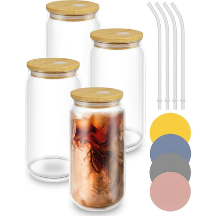 Set of 4 Glass Beer Can Shaped Cups with Bamboo Lids & Glass Straws – 16 ozs