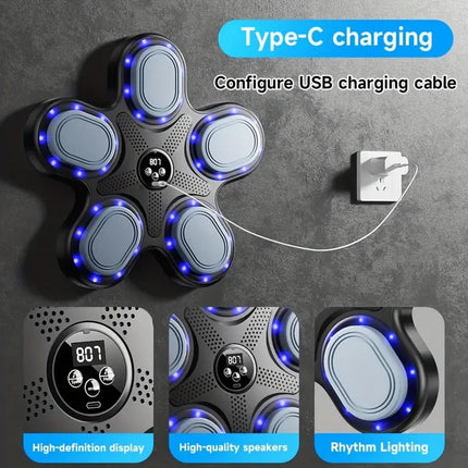 Music Boxing Machine No Drill Wall with LED Lights & Gloves Fitness Bluetooth
