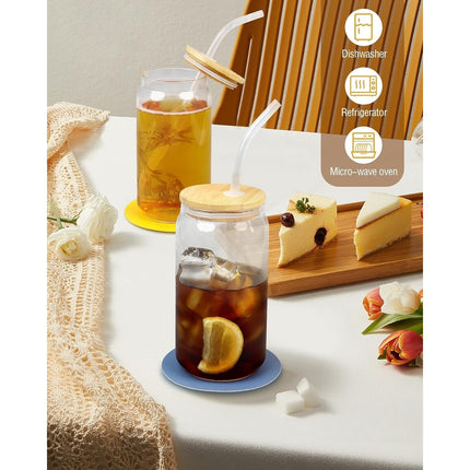 Set of 4 Glass Beer Can Shaped Cups with Bamboo Lids & Glass Straws – 16 ozs