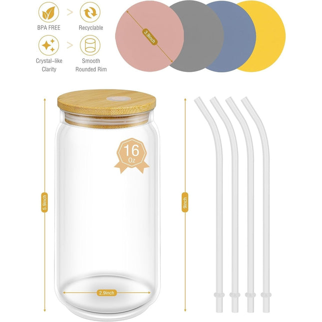 Set of 4 Glass Beer Can Shaped Cups with Bamboo Lids & Glass Straws – 16 ozs
