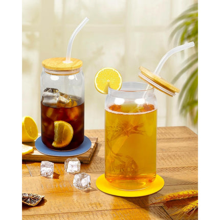 Set of 4 Glass Beer Can Shaped Cups with Bamboo Lids & Glass Straws – 16 ozs