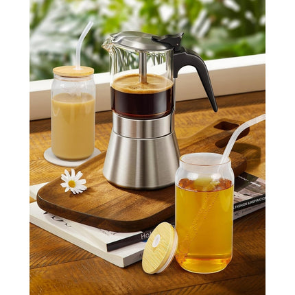 Set of 4 Glass Beer Can Shaped Cups with Bamboo Lids & Glass Straws – 16 ozs